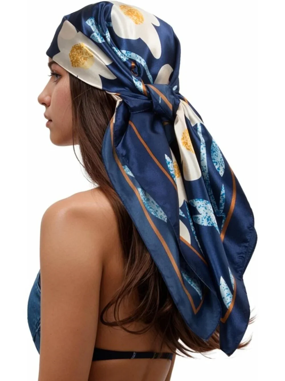 Women's Dark Blue Printed Square Scarf Bandanas Hair Scarf 35 Inches
